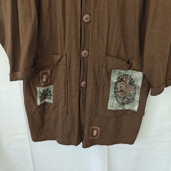 VTG Rare Blue Fish Hand Painted Cotton Brown Button Up Jacket Size 2 Women's - Picture 3 of 15